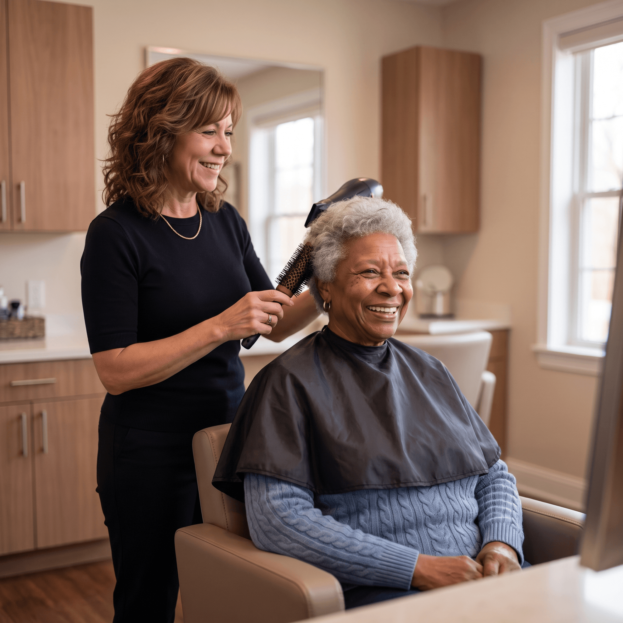 A StyleQ stylist giving a resident a gentle salon treatment